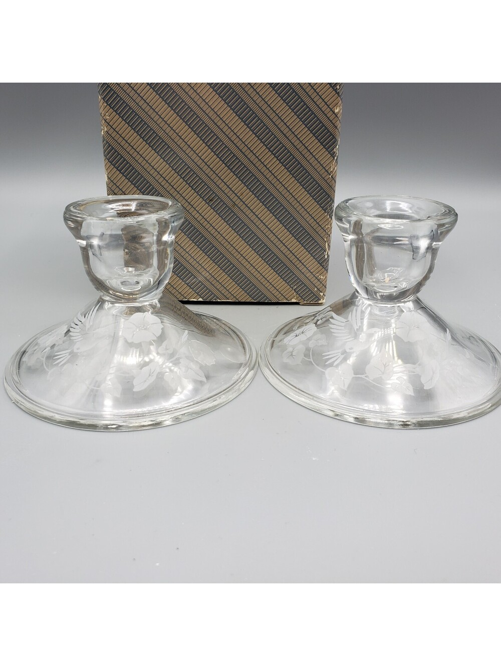Vintage Avon Hummingbird Candleholders 2 Lead Crystal In Box Taper Candles